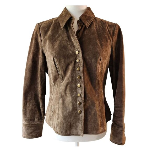 Vtg 90s Coldwater Creek Suede Leather Jacket PM Brown Snap Front Petite Medium - Picture 1 of 6